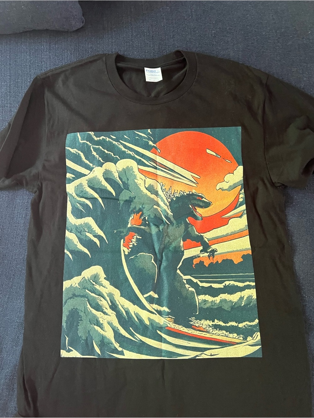 Black Graphic Godzilla Tee with Orange Sun